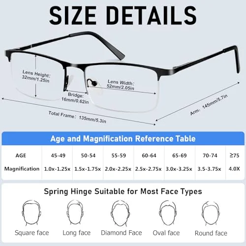 1 Pack Mens Unisex Half Frame Square Reading Glasses Black Spring Hinge Readers 2