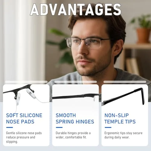 1 Pack Mens Unisex Half Frame Square Reading Glasses Black Spring Hinge Readers 3