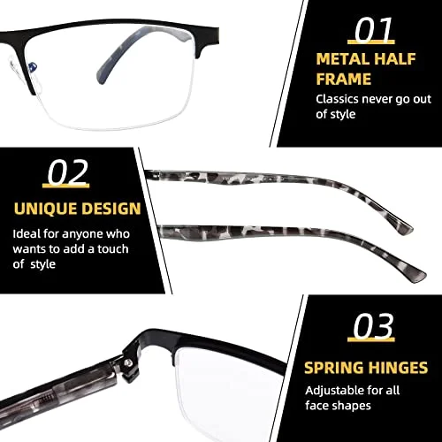 1 PK Mens Half Frame Rectangular Blue Light Blocking Reading Glasses Readers 4