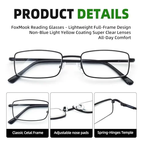 1 PK Mens Spring Hinge Metal Frame Blue Light Blocking Reading Glasses Readers 4